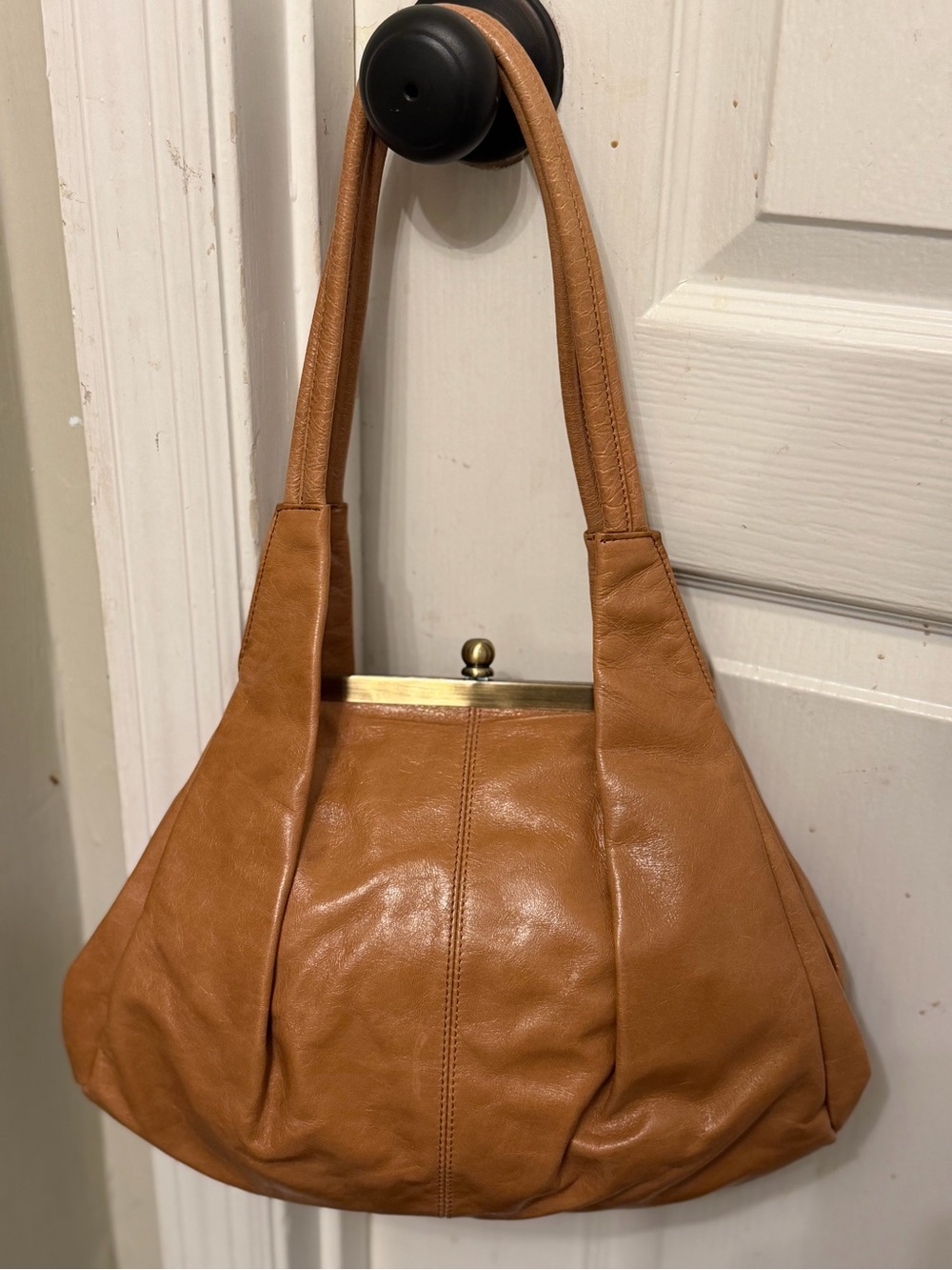 HOBO Tan Leather Shoulder Bag with Brass Frame